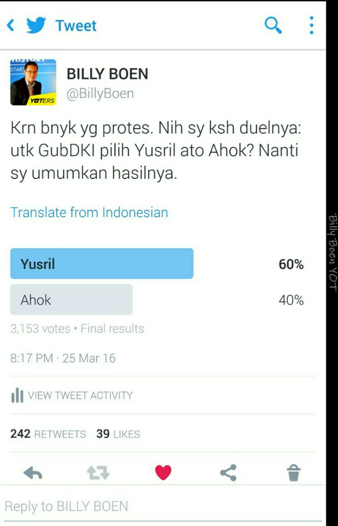 Ahok Kalah Jauh di Polling "Duel Ahok-Yusril" ala Billy Boen