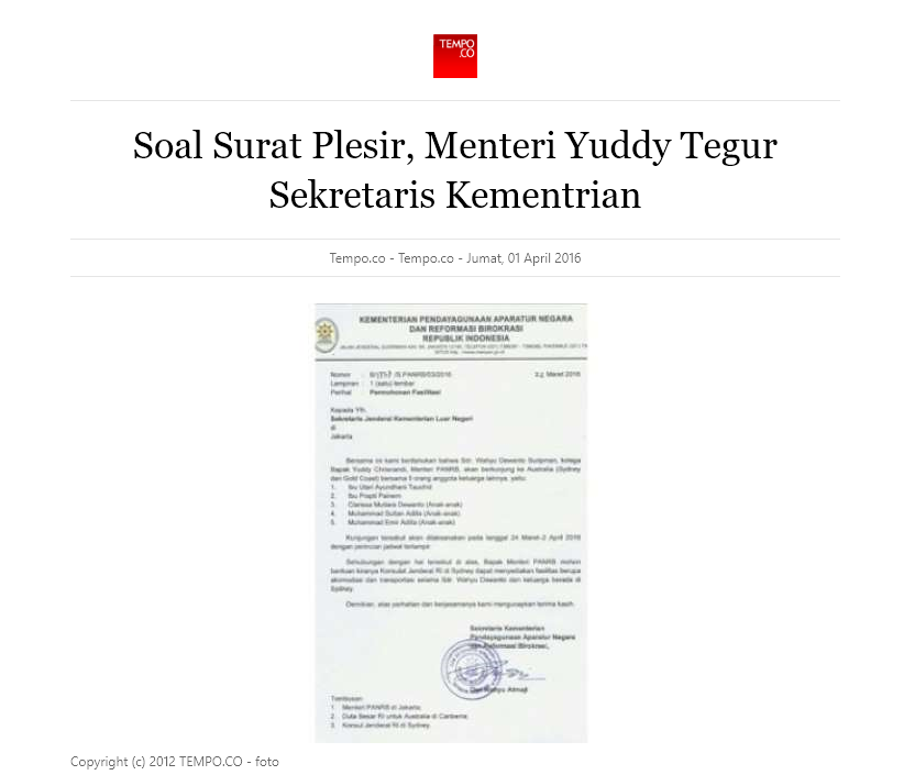 Kisah Surat Menteri Yuddy 'Minta' Fasilitas Plesir ke Sidney