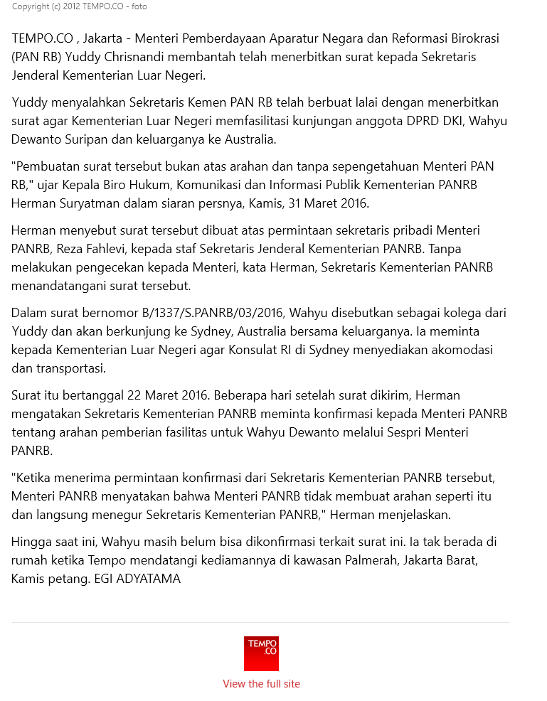 Kisah Surat Menteri Yuddy 'Minta' Fasilitas Plesir ke Sidney