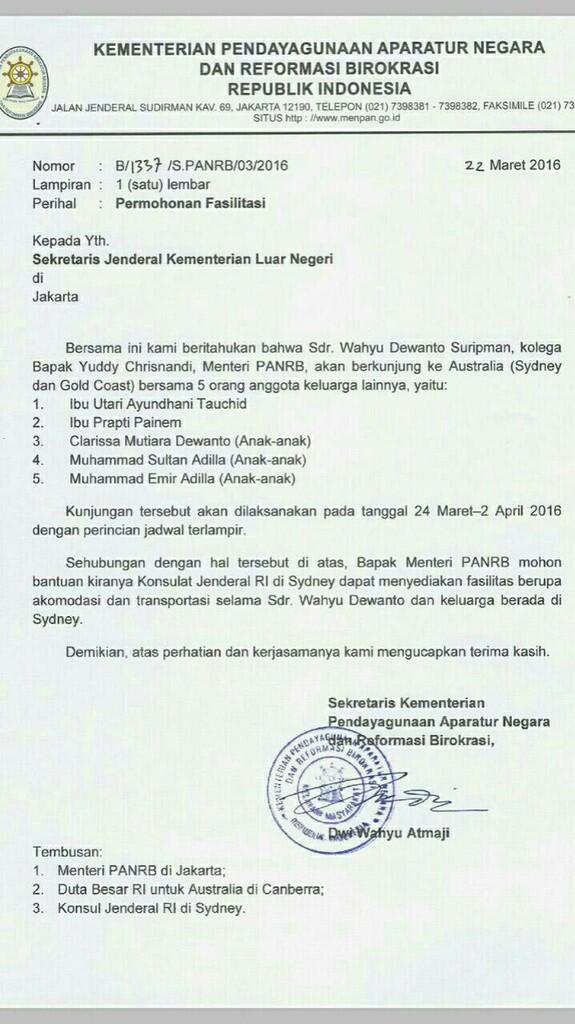 Nih Surat Pejabat Negara Minta di Fasilitasi Negara Buat Plesiran Bareng Keluarga