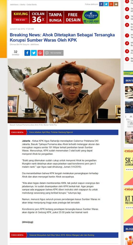 Ahok Ditetapkan Sebagai Tersangka Korupsi Sumber Waras Oleh KPK