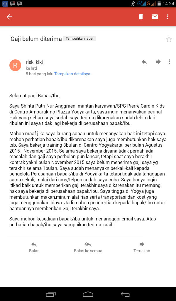 Sudah 5Bulan GajiTerakhir Adek Saya Belum J Dibayarkan Oleh PT. Nusada Kreasi Fontana