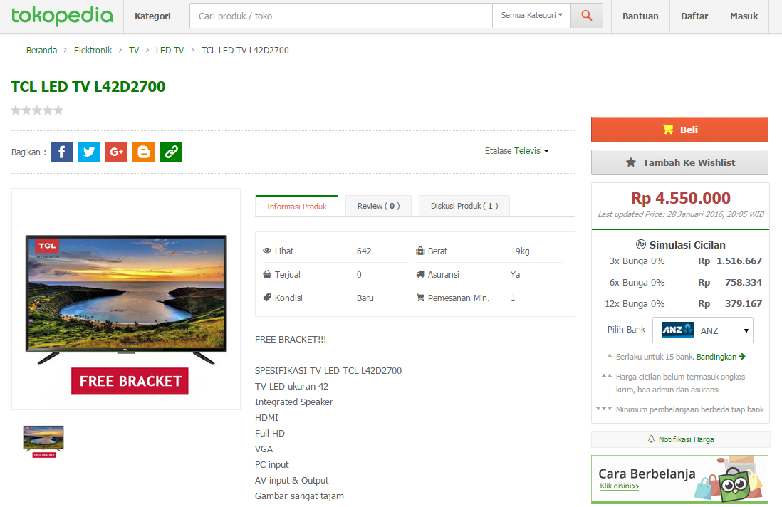&#91;BANTING HARGA&#93; TCL LED TV 42&quot; 