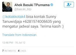 Ahok Bantah Sunny Staf dan Ipar, Cuma Anak Magang