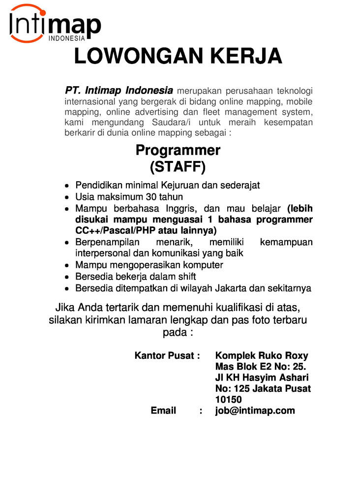 Jakarta Pusat - Loker CS Staff, Programmer, Technician