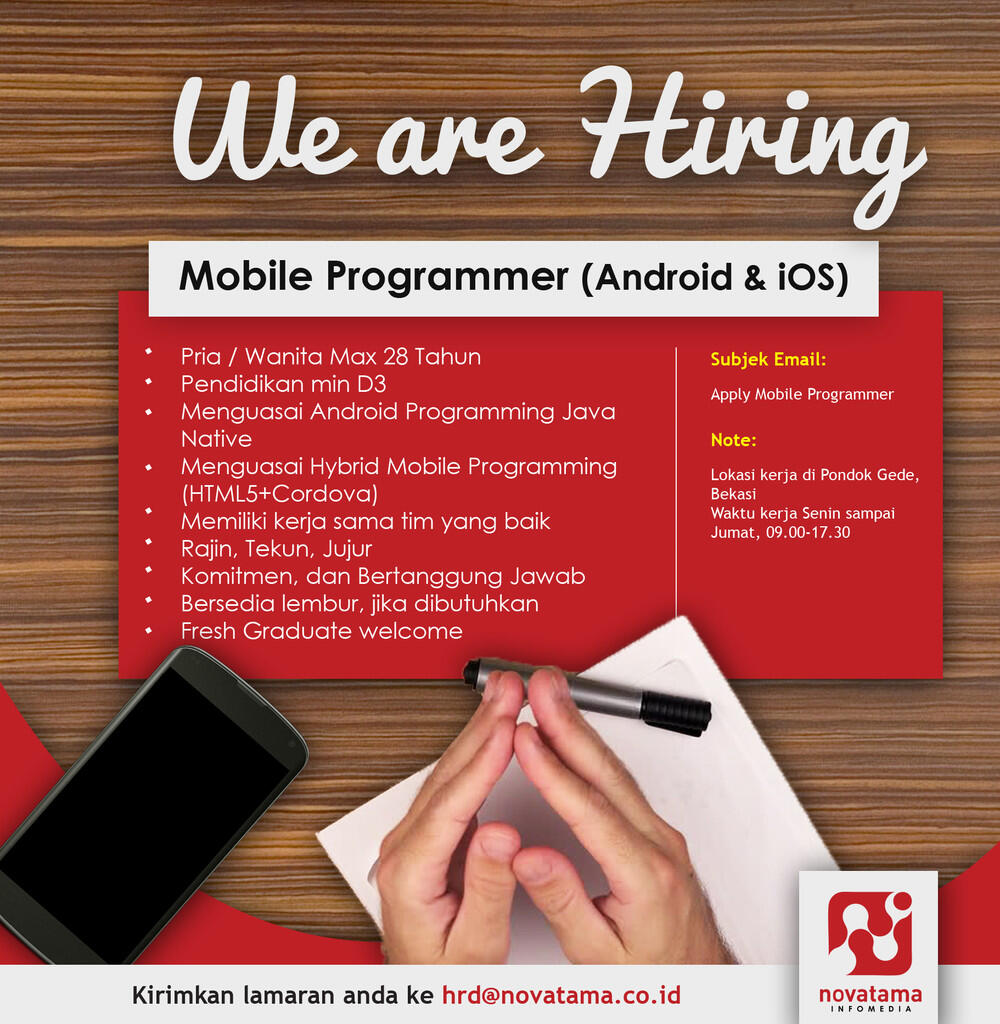 LOWONGAN KERJA MOBILE PROGRAMMER (ANDROID - IOS) NOVATAMA INFOMEDIA
