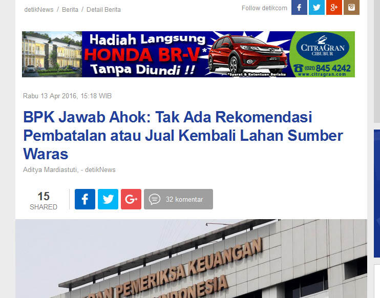 &#91;Berita Ralat&#93; BPK Rekomendasikan Pembatalan Pembelian Tanah Sumber Waras