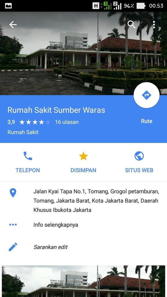 &#91;gmaps&#93;rumah sakit sumber waras jln kiai tapa atau jln tomang utara
