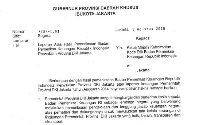 Ini Surat Ahok untuk BPK yang Tak Kunjung Diklarifikasi Sejak 8 Bulan Lalu