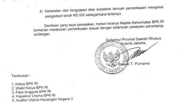 Ini Surat Ahok untuk BPK yang Tak Kunjung Diklarifikasi Sejak 8 Bulan Lalu