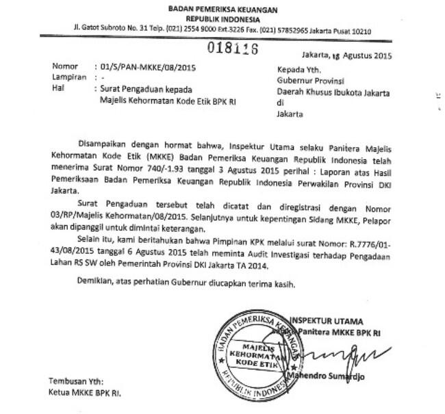 Ini Surat Ahok untuk BPK yang Tak Kunjung Diklarifikasi Sejak 8 Bulan Lalu