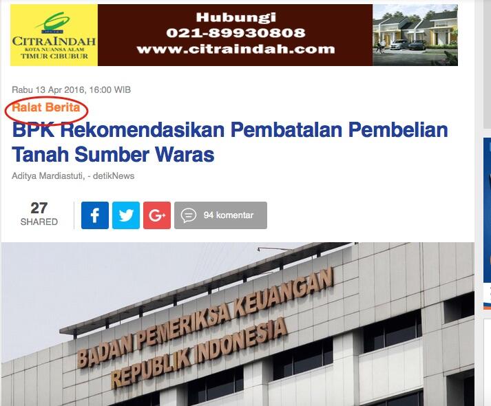 &#91;Berita Ralat&#93; BPK Rekomendasikan Pembatalan Pembelian Tanah Sumber Waras