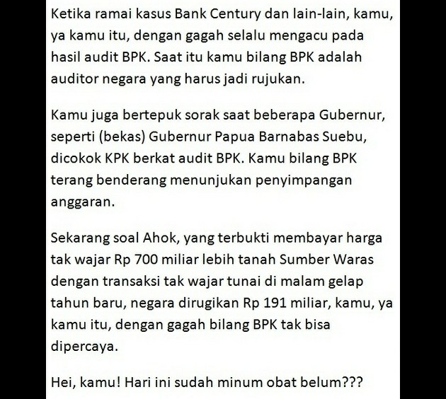 Yang Membully BPK Dalam Kasus Sumber Waras, Sudahkah Kamu Minum Obat?