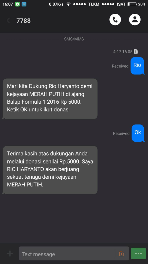 SMS Donasi untuk Rio Haryanto: Rp5.000 per Sekali Kirim