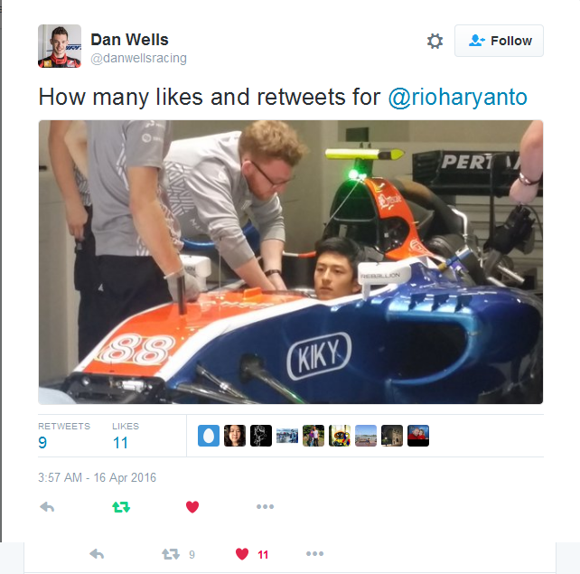 Dan Wells (pembalap) membuat challange berapa like dan retweet untuk rioharyanto