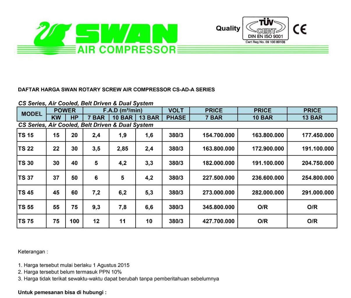 Jual Screw Kompresor Kompressor Angin Air Compressor Swan 