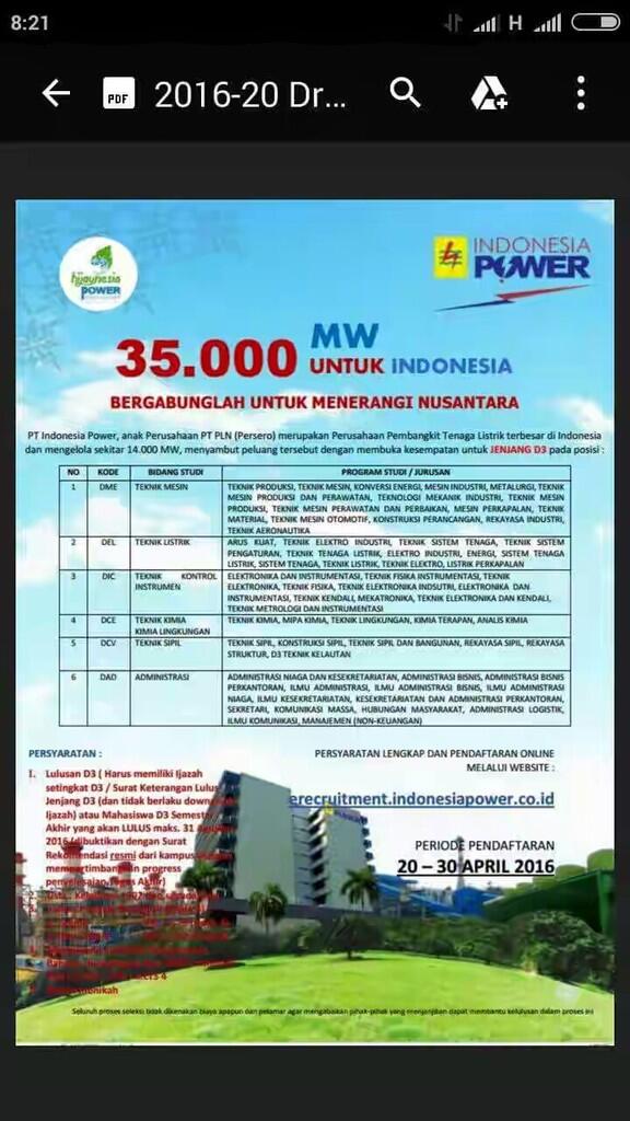 lowongan Indonesia Power level D3 (april 2016)