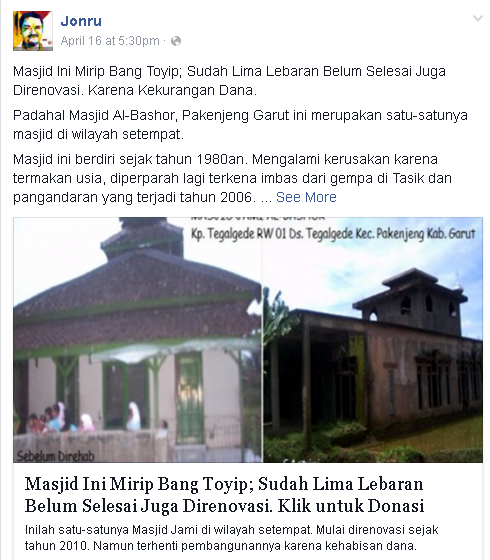 Aher bangun mesjid 1T, Jonru minta sedekah dana renov mesjid