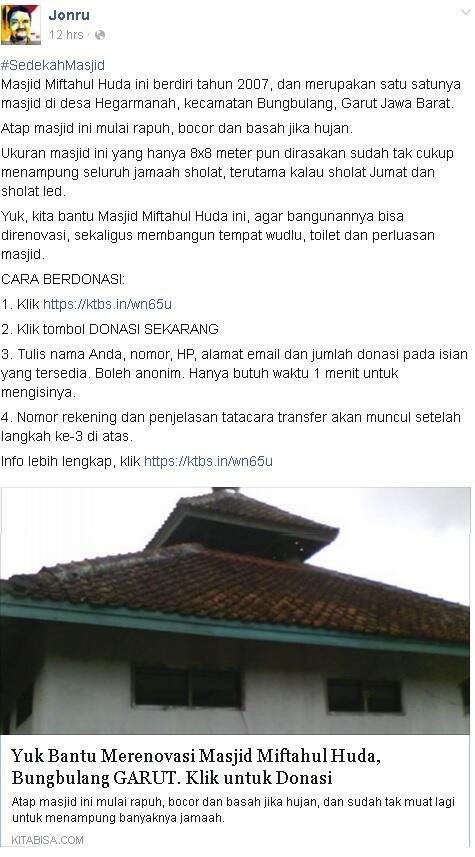 Aher bangun mesjid 1T, Jonru minta sedekah dana renov mesjid