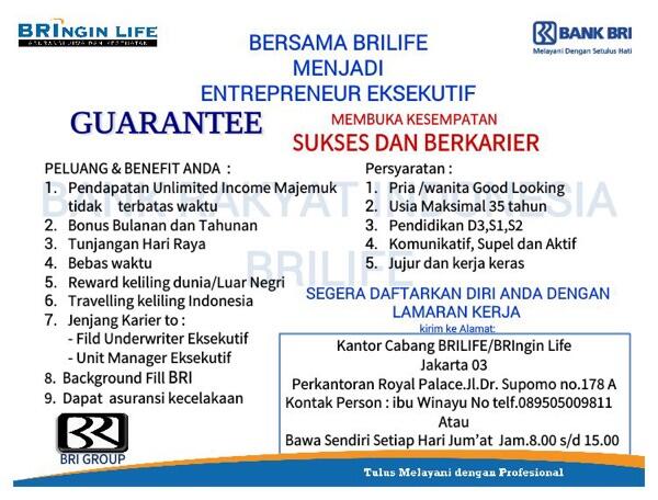 Lowongan Kerja Dicari Field Underwriter (FU) BRI ngin Life Asuransi Sales 10 Orang