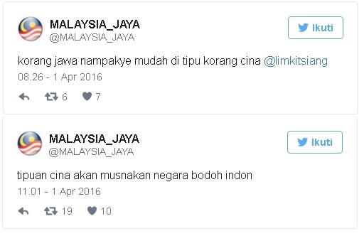 Akun @MALAYSIA_JAYA : &quot;.... tak macam Indon kena tipu Cina babi&quot;