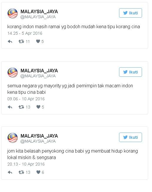 Akun @MALAYSIA_JAYA : &quot;.... tak macam Indon kena tipu Cina babi&quot;