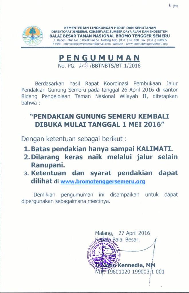 KABAR BAIK GAN !! SEMERU DIBUKA TERTANGGAL 1 MEI 2016 !!