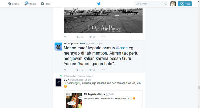 Twitter TNI AU Sebut Netizen Laron, Tegaskan Tak Hapus Cuitan