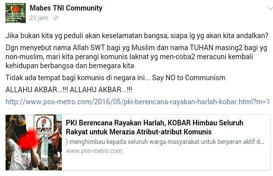 SERUAN AKUN MABES TNI COMMUNITY: MARI KITA PERANGI KOMUNIS LAKNAT