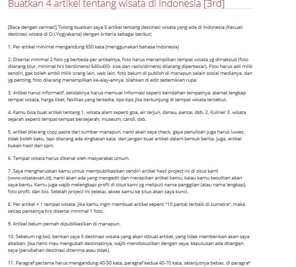 &#91;LOWONGAN FREELANCER&#93; Pembuatan 4 artikel tentang wisata di Indonesia