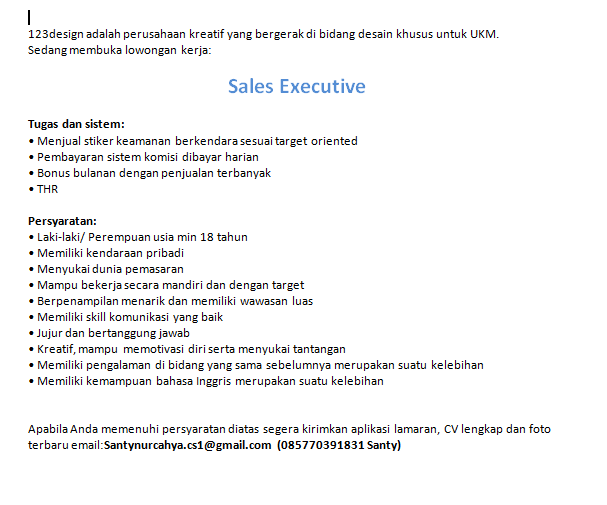 Lowongan Kerja Sales Executive !