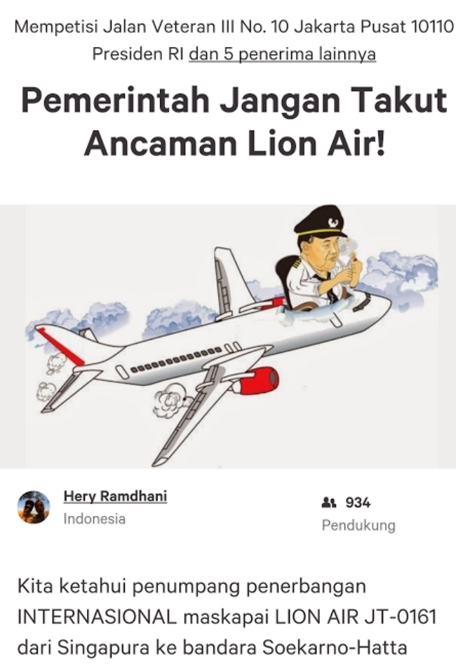 Muncul Petisi Pemerintah Jangan Takut Ancaman Lion Air!