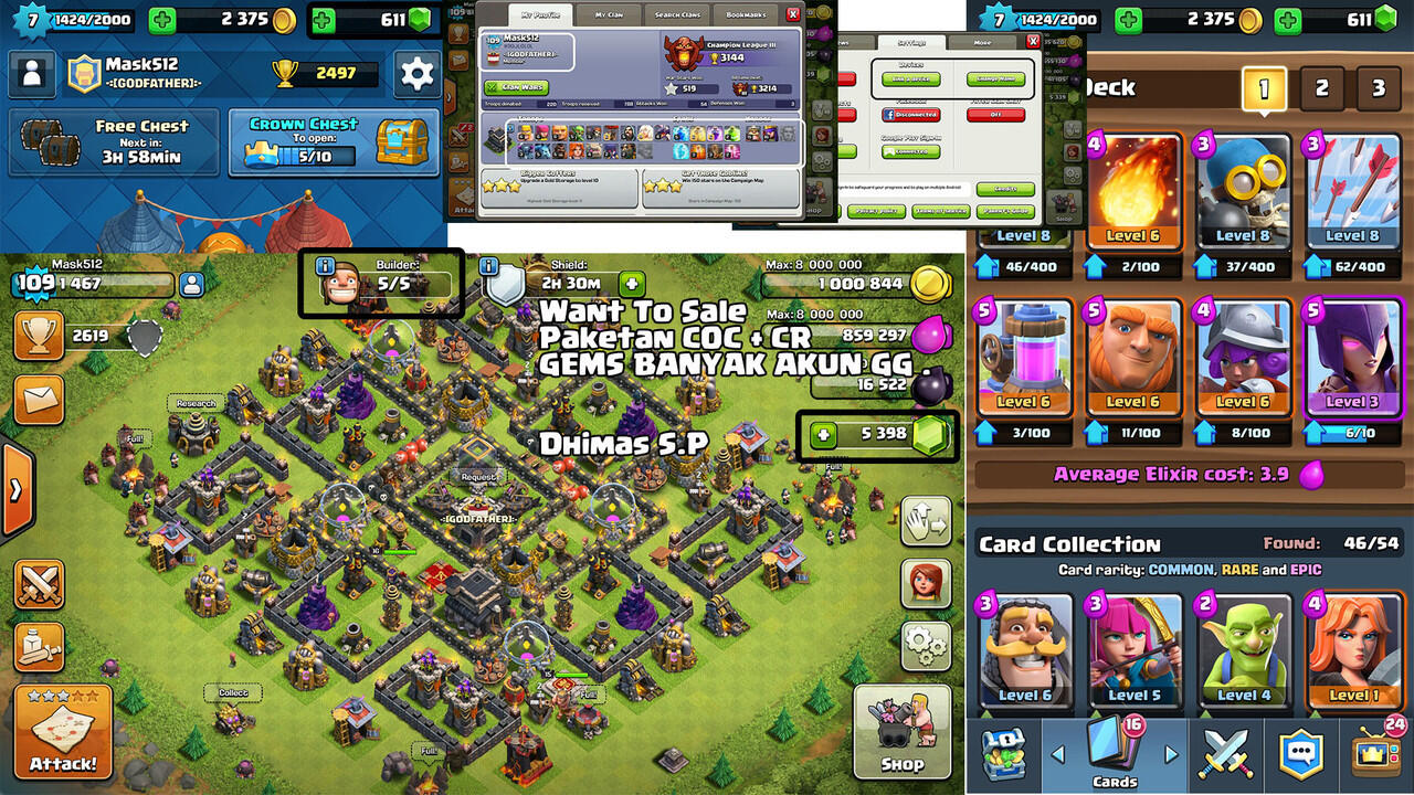 Akun COC TH 9 MAX CN LD Gems 5300 Bonus Clash Royale