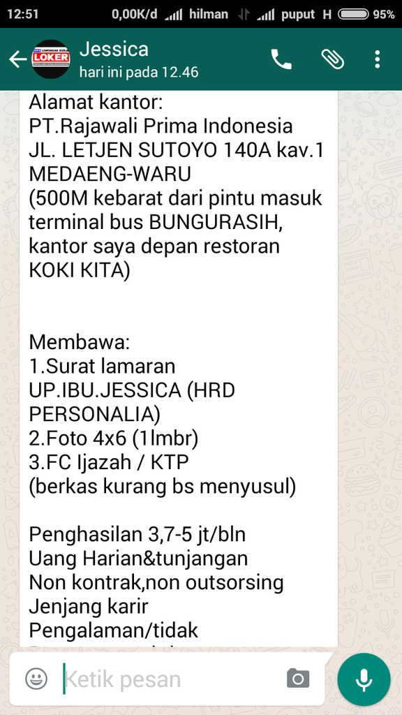 Modus penipuan berkedok lowongan pekerjaan PT RAJAWALI PRIMA INDONESIA 