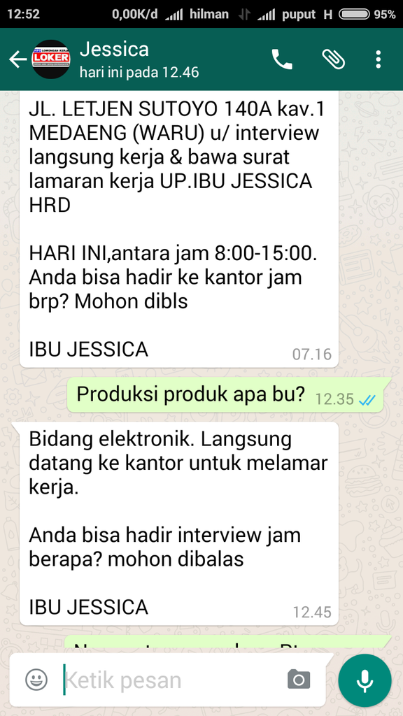 Modus penipuan berkedok lowongan pekerjaan PT RAJAWALI PRIMA INDONESIA 