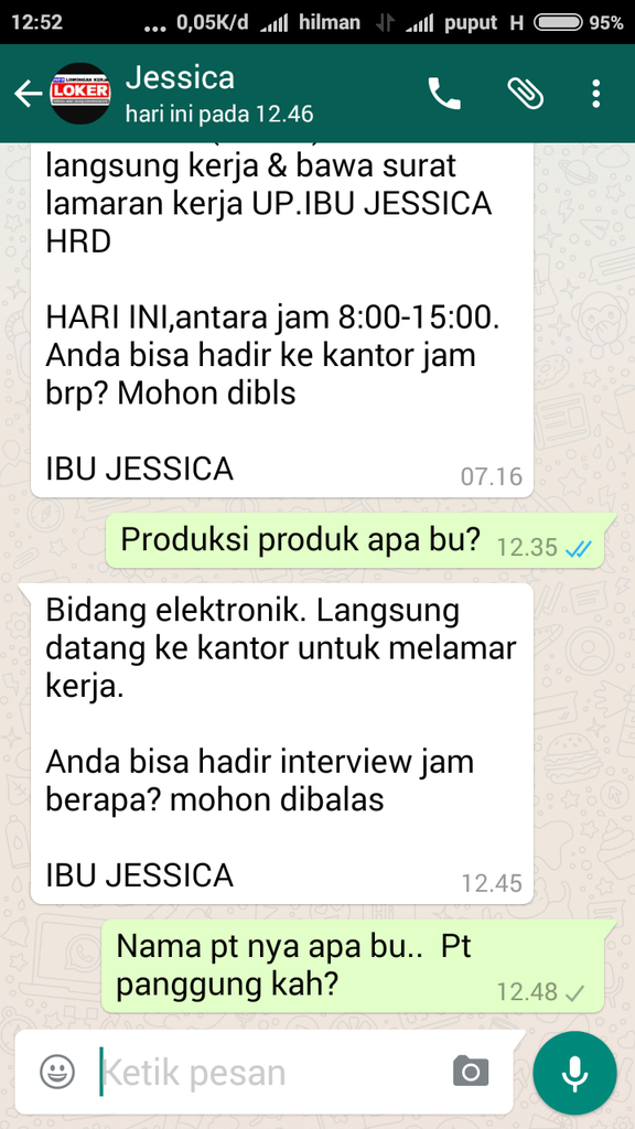 Modus penipuan berkedok lowongan pekerjaan PT RAJAWALI PRIMA INDONESIA 