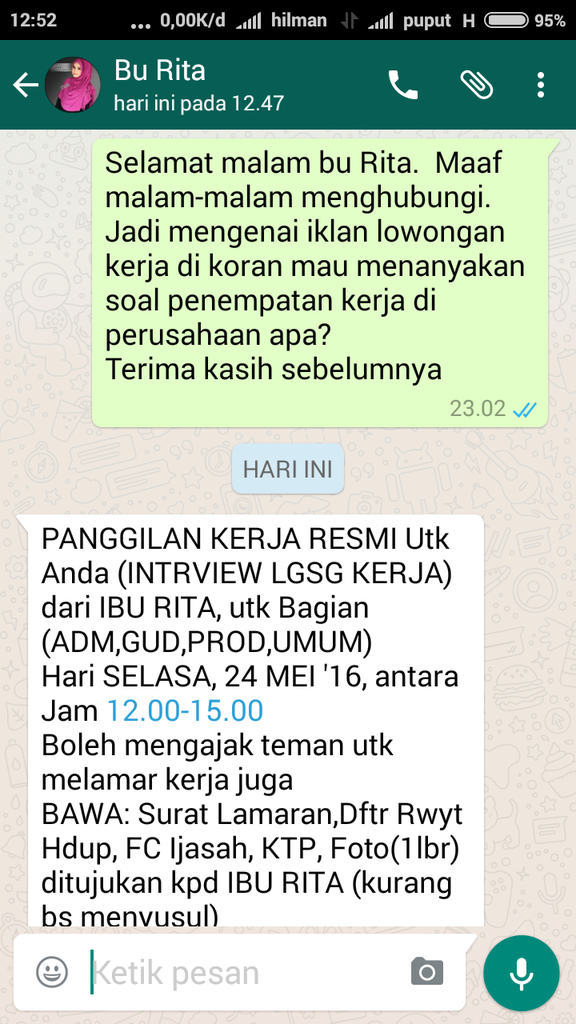 Modus penipuan berkedok lowongan pekerjaan PT RAJAWALI PRIMA INDONESIA 