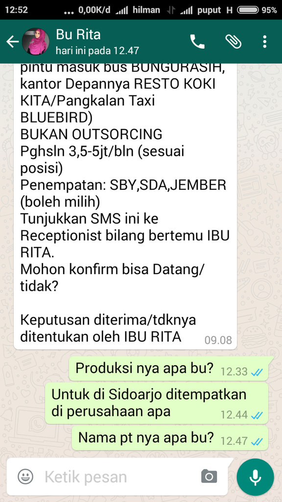 Modus penipuan berkedok lowongan pekerjaan PT RAJAWALI PRIMA INDONESIA 