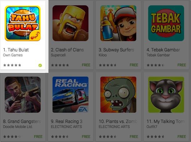 Sukses besar akhirnya Game Tahu bulat Mengalahkan Clash of Clans di Google Play!