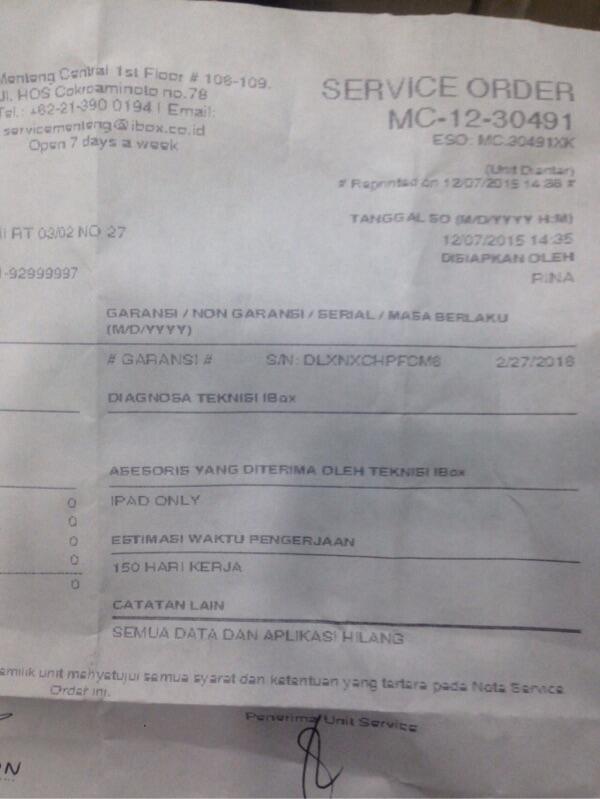 &#91;Surat Pembaca&#93; iPad mini 2 Broken &gt;5bulan unsolved. iBox Menteng dissapointed.