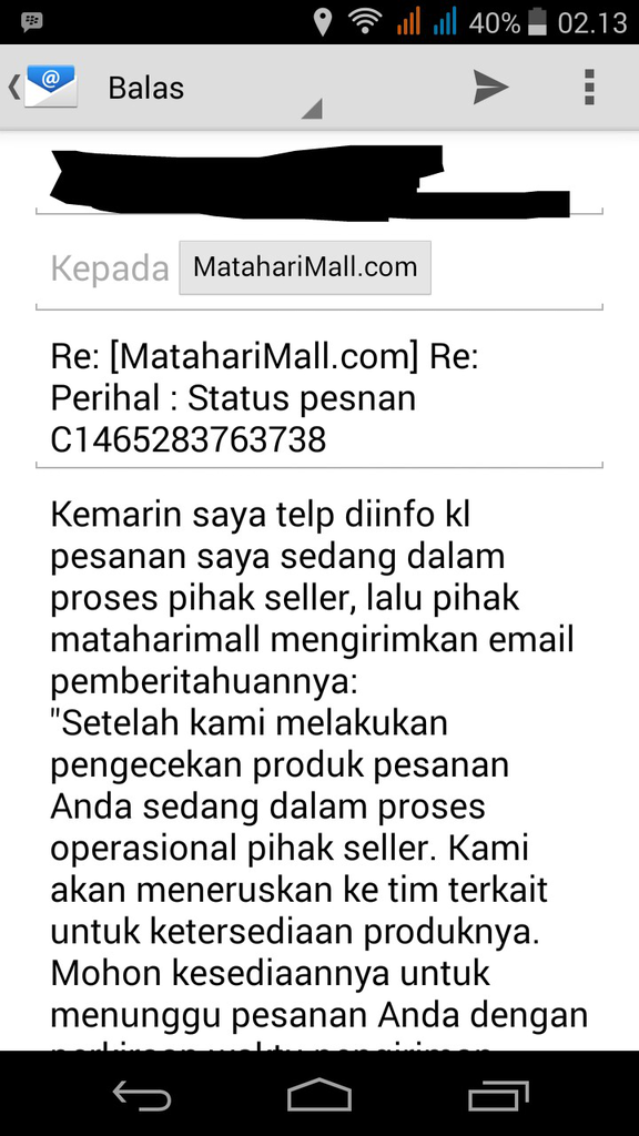 Menunggu respon matahari mall untuk pembatalan pemesanan sepihak