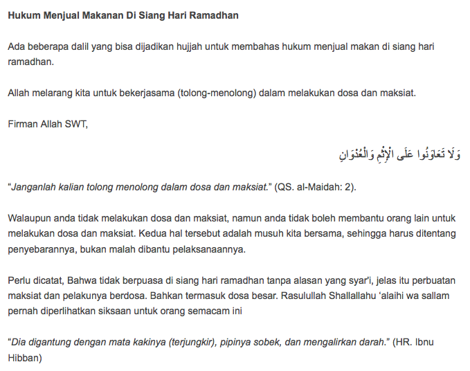 Hukum Menjual dan Berdagang makanan di Siang hari saat Ramadhan