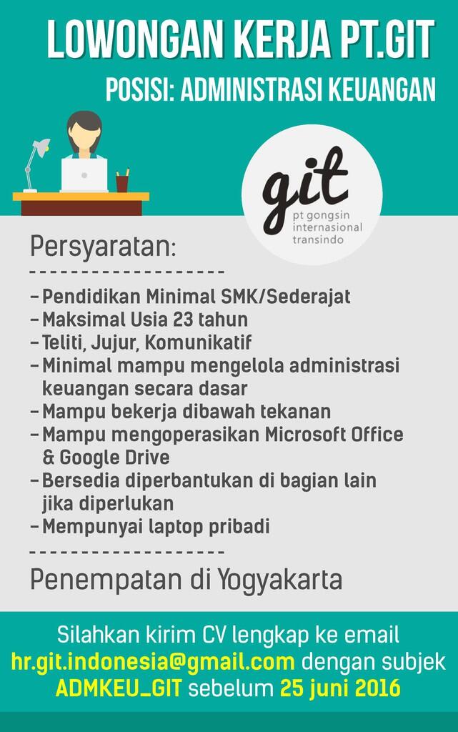 Lowongan Administrasi Keuangan, minimal pendidikan SMK, khusus di Yogyakarta