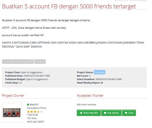 &#91;LOWONGAN FREELANCER&#93; Pembuatan 5 account FB dengan 5000 friends tertarget