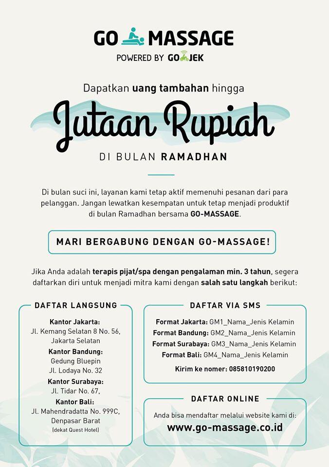 DICARI: TERAPIS/AHLI PIJAT khususnya WANITA untuk GO-MASSAGE by GO-JEK kota BANDUNG