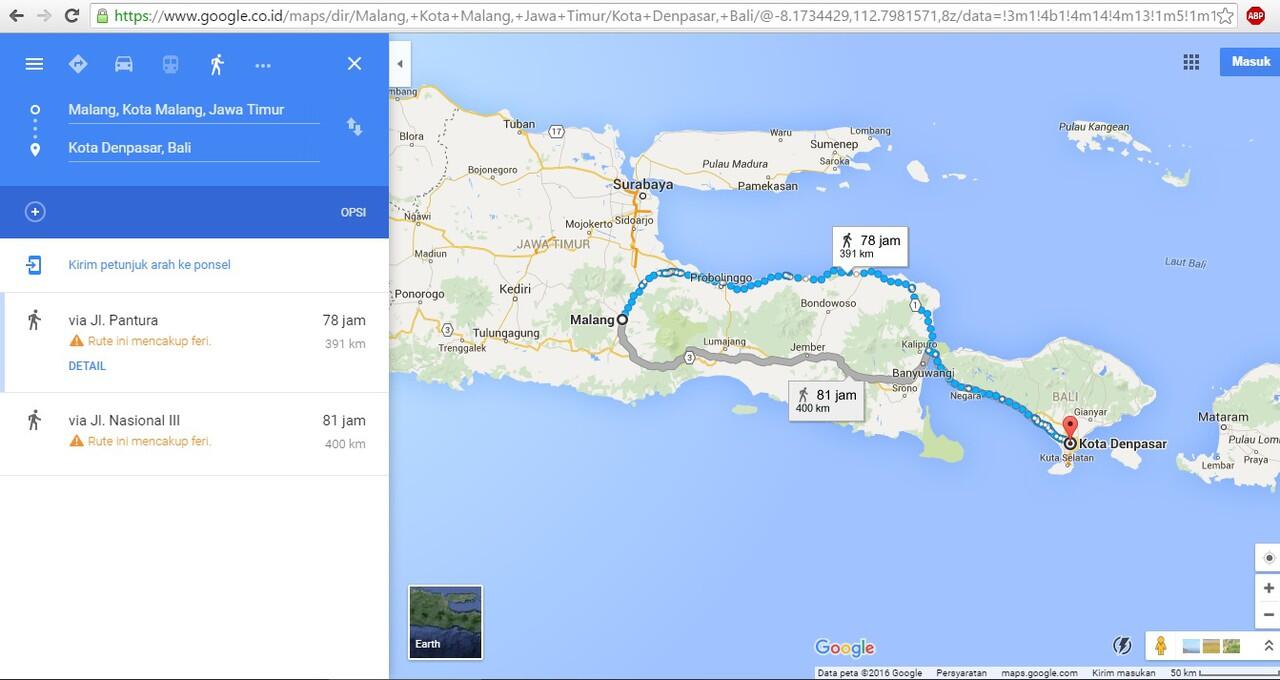 Jika seluruh kota besar di Indonesia dilalui dengan berjalan kaki menurut google map