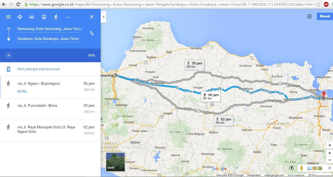 Jika seluruh kota besar di Indonesia dilalui dengan berjalan kaki menurut google map