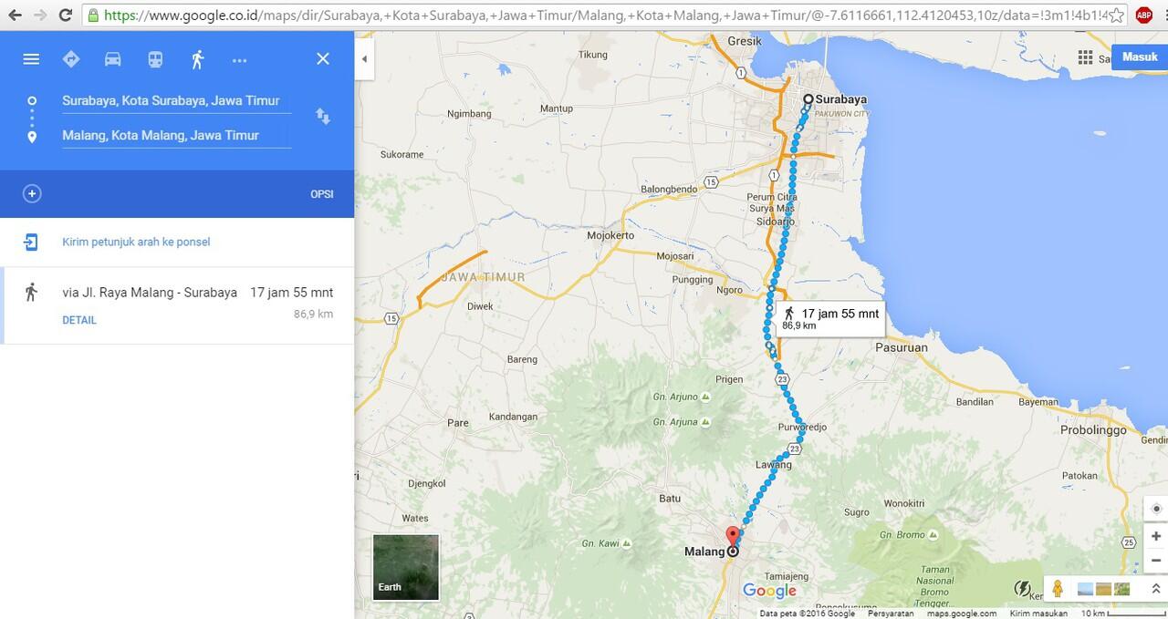 Jika seluruh kota besar di Indonesia dilalui dengan berjalan kaki menurut google map