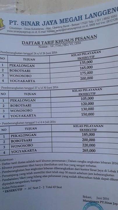 Harga tiket bis mudik 1437H/2016M