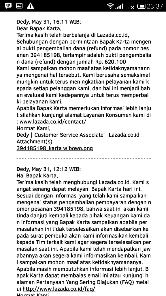 LAZADA TIDAK BERITIKAD BAIK MENYELESAIKAN PROSES REFUND DANA SAYA